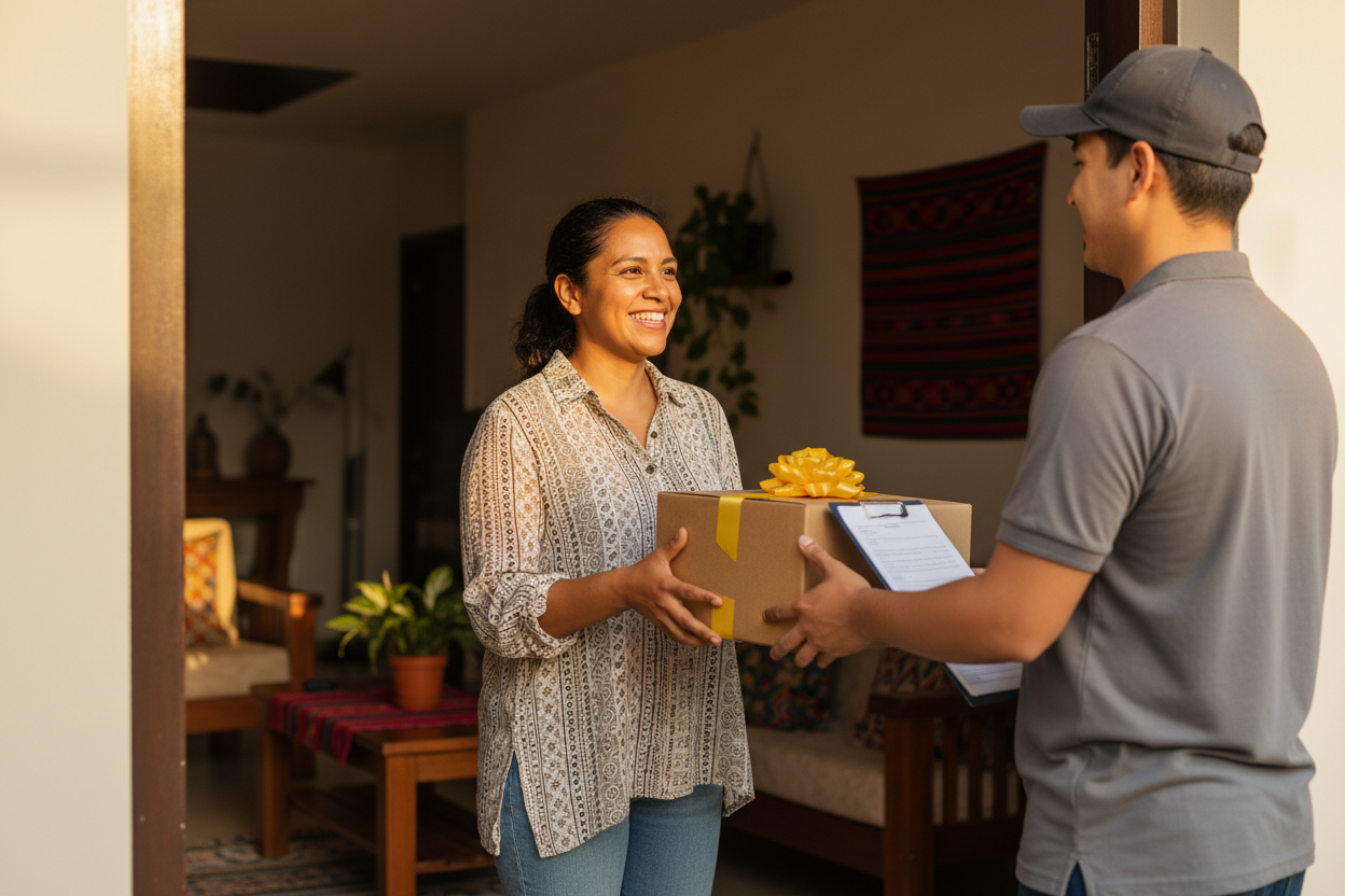 Persona latina recibiendo su compra con una sonrisa
